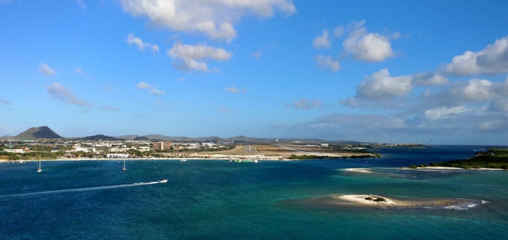 a body of water with a runway and buildings in the background