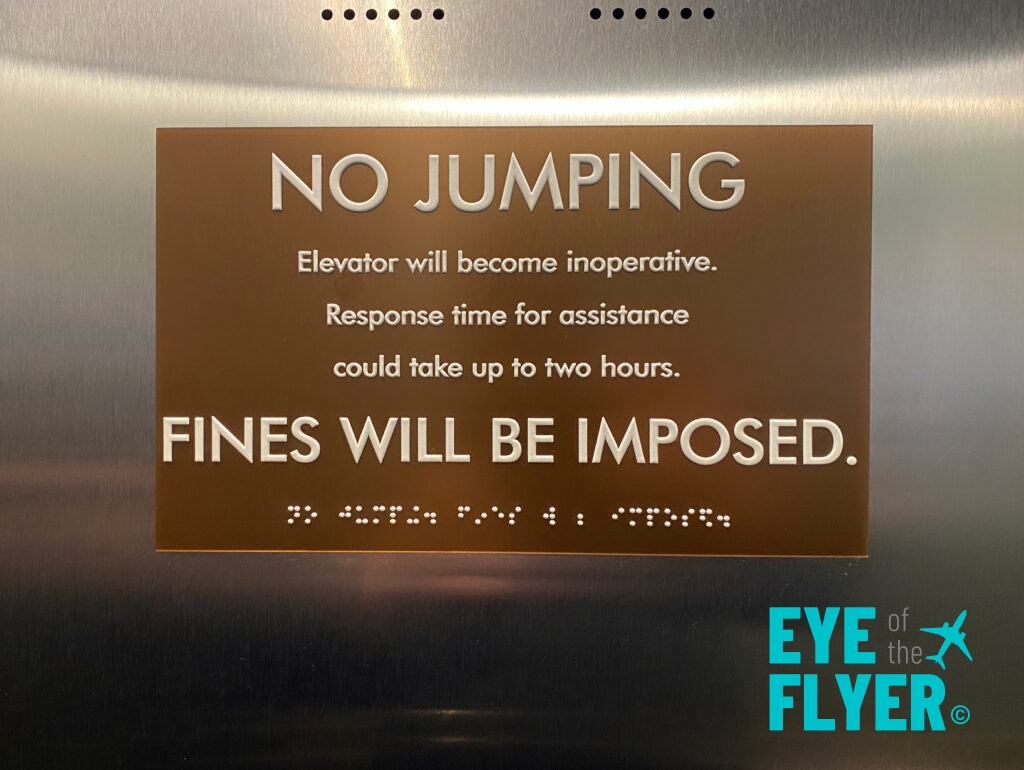 A sign warns guests to not jump in the InterContinental MSP elevators.