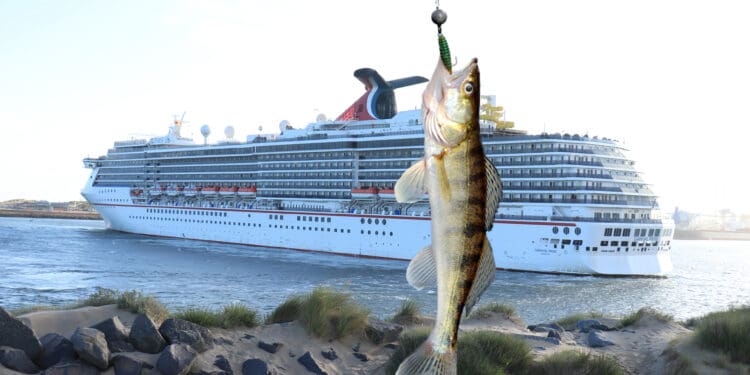 a fish from a fishing hook next to a cruise ship