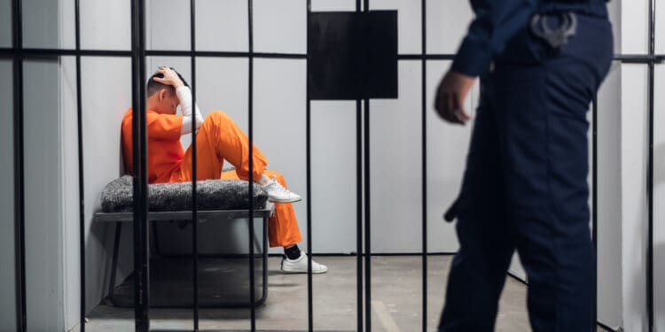 a man in orange jumpsuit sitting in a prison cell
