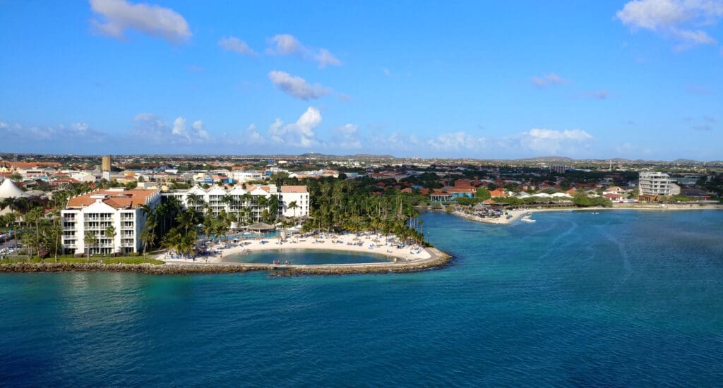 a body of water with a beach and buildings