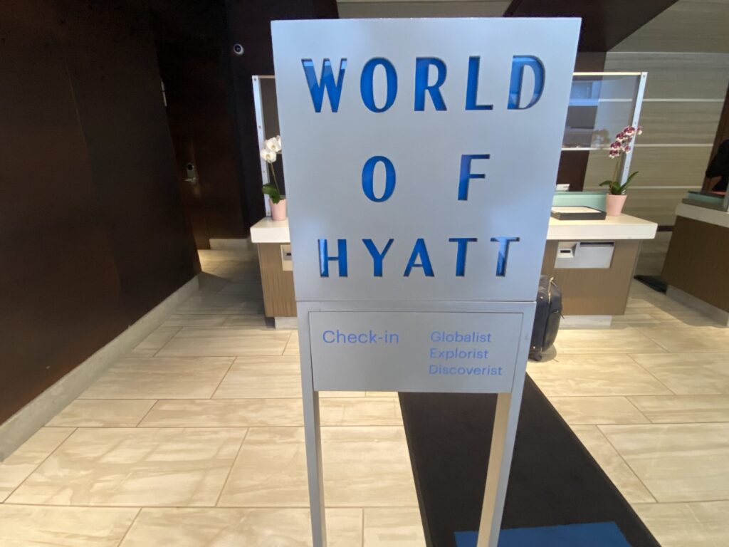a sign in a hotel lobby