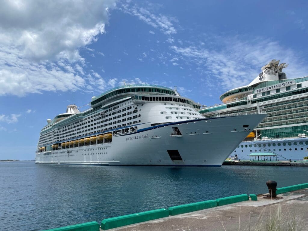 a cruise ship docked in the water