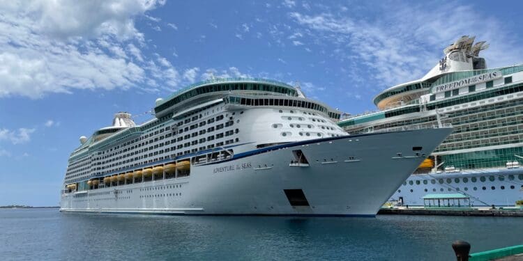 a cruise ship docked in a harbor