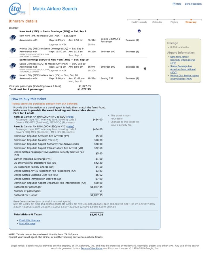 An AeroMexico mileage run from JFK to Santo Domingo in September 2023.