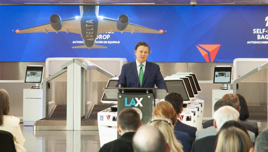 Vice President of Global Sales for Delta Air Lines Scott Santoro speaks during a launch event inside Terminal 3 at Los Angeles International Airport (LAX) on May 31, 2023.