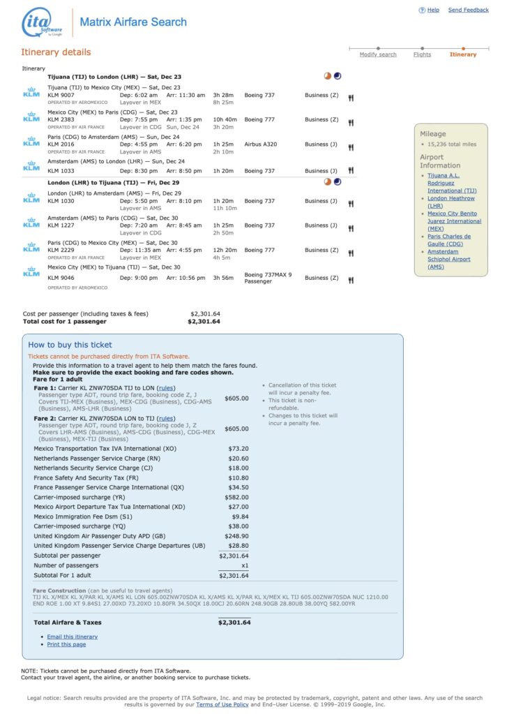 A London Christmas business class trip in December 2023 on Delta Air Lines partners AeroMexico, Air France, and KLM