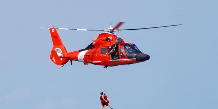 Fort Lauderdale, Florida - May 5, 2007: US Coast Guard crews conduct rescue operation at sea. The safety training event is part of the Air and Sea Show 2007.
