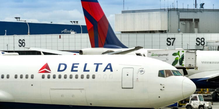 a white airplane with red and blue tail fin