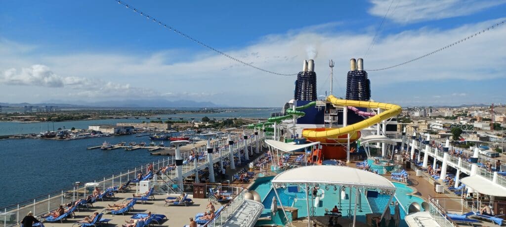 a cruise ship with a water slide