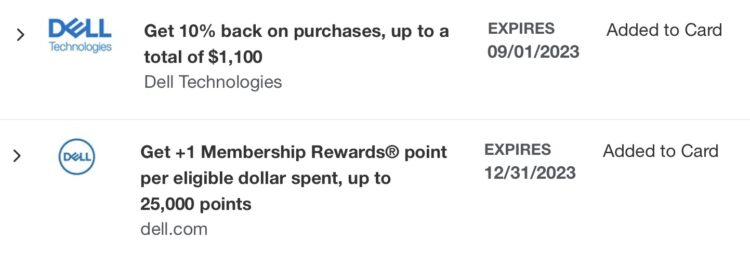 Dell Amex Offers added to an American Express Business Platinum Card.