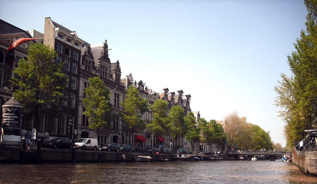 a river with trees and buildings