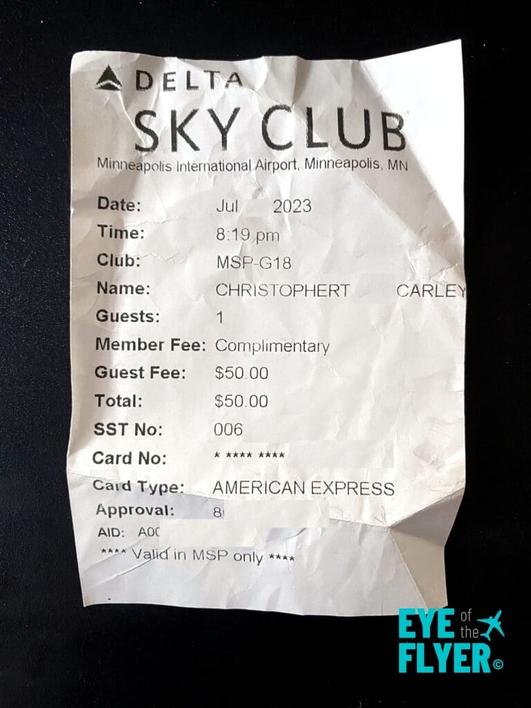 The receipt for a $50 guest fee at the MSP G-18 Delta Sky Club.