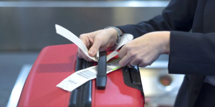 Attaching a check-in tag to a piece of luggage