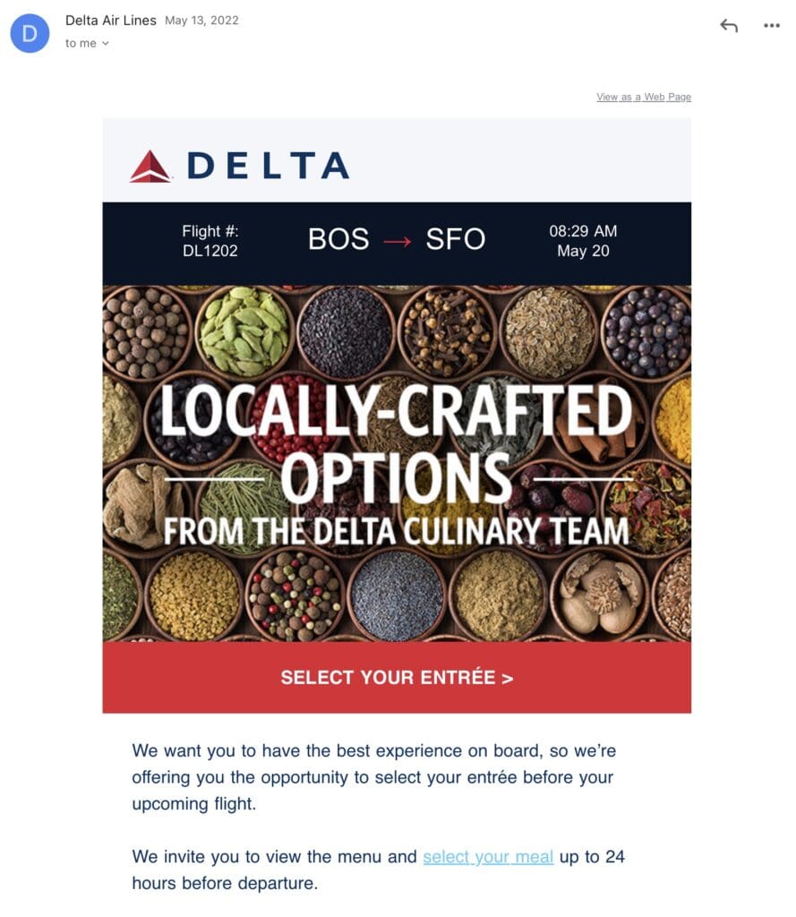 Pre-ordering a First Class meal for the inaugural flight of Delta A321neo.