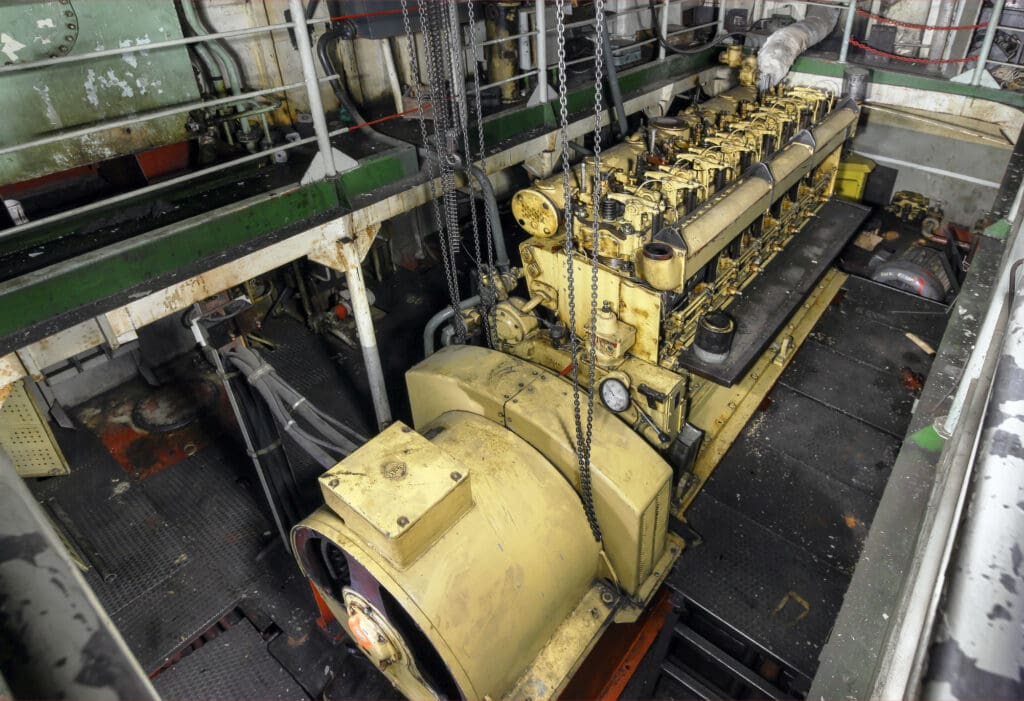 The ship's hold with yellow diesel engine mounted on ship. Engine room on a old cargo boat ship. (©iStock.com/saoirse_2010)