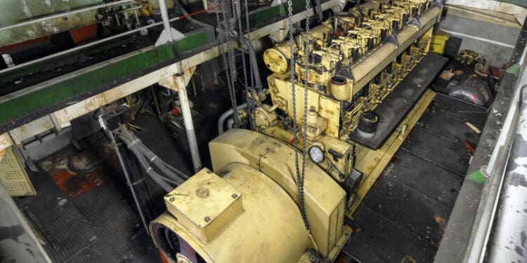 The ship's hold with yellow diesel engine mounted on ship. Engine room on a old cargo boat ship. (©iStock.com/saoirse_2010)