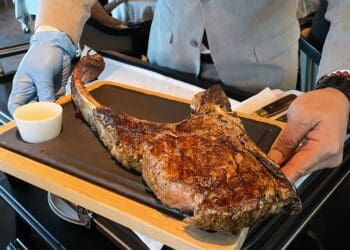 a person holding a piece of meat