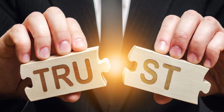 A man shares two puzzles with the word Trust. Violation of agreements and promises. Lose credibility. Failed to maintain professional reputation. Lie and cheat. Bad consequences. Not trustworthy. Broken trust.
