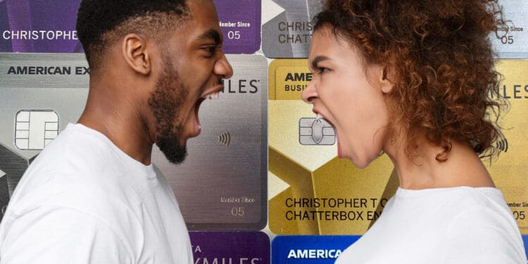 A family fights over an image of Delta American Express Cards.