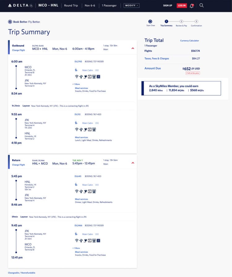 Delta mileage run from Orlando to Honolulu