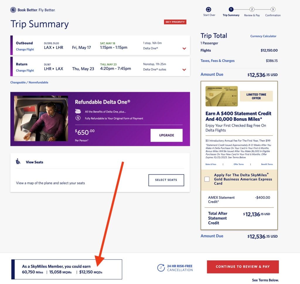 A Delta One itinerary earning over $12,000 MQD