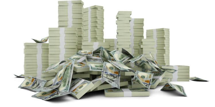 Big stacks of US dollar notes. A lot of money isolated on white background. 3d rendering of bundles of cash