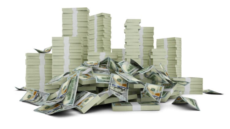 Big stacks of US dollar notes. A lot of money isolated on white background. 3d rendering of bundles of cash