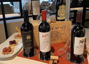 a table with wine bottles and a tray of food
