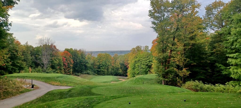 a golf course with trees and clouds
