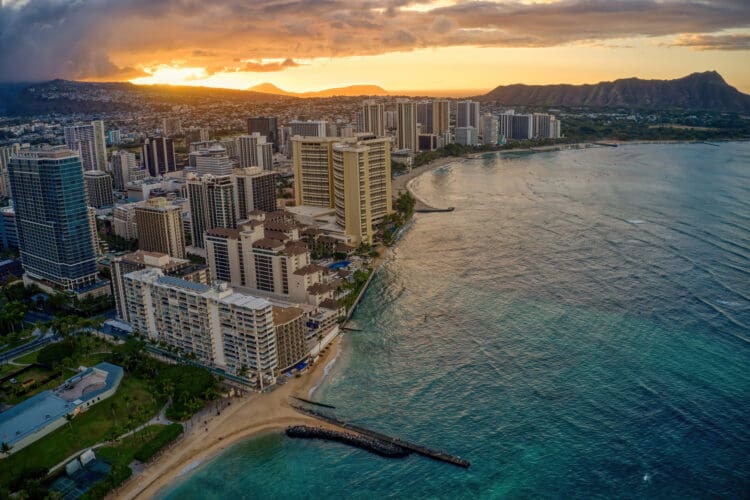 Aerial View of sunrise over the Waikiki Neighborhood of Honolulu, Hawaii