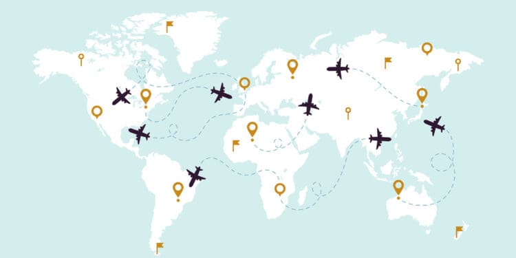 World map plane tracks. Aviation track path on world map, airplane route line and travel routes or itinerary pathway. Aircraft planes fly air transportation track vector illustration