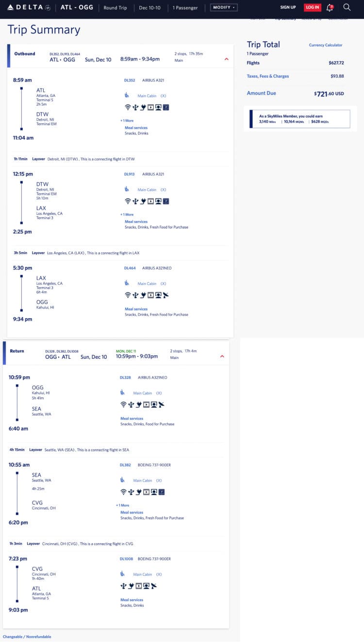 Delta mileage run fro Atlanta to Maui in December 2023.
