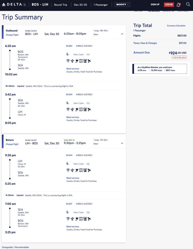 Boston to Lihue Delta mileage run on December 30.