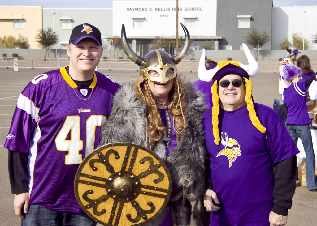 (L-R) Me, Ragnar, and my father-in-law during a tailgate party before a Vikings game in Glendale, Arizona. (Photo courtesy of Chris Carley.)