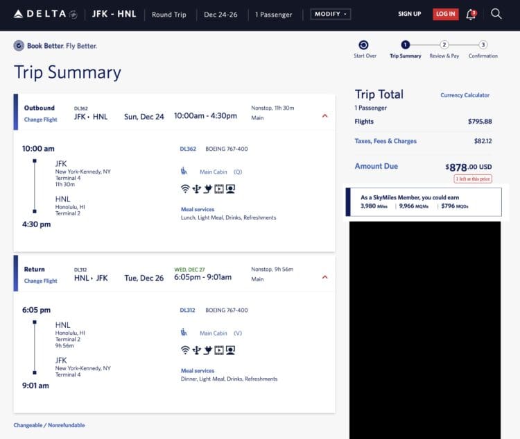 Delta mileage run to Hawaii for Christmas 2023.
