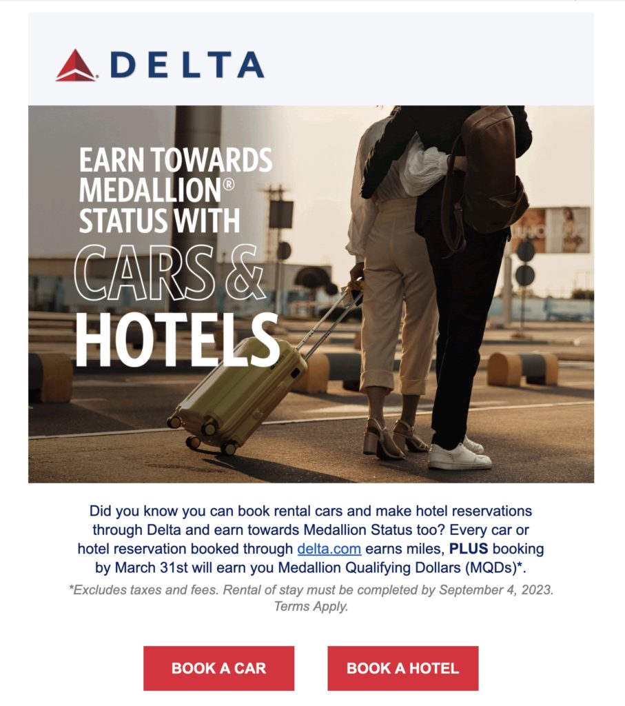 Delta Air Lines' MQD promotion for hotel and rental car bookings
