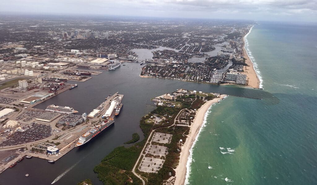 a aerial view of a city and a body of water