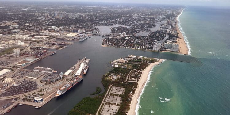 a aerial view of a city and a body of water