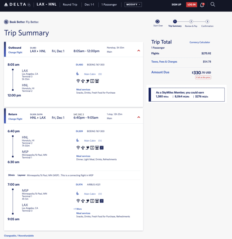 LAX to Honolulu Delta Air Lines mileage run on December 1, 2023.