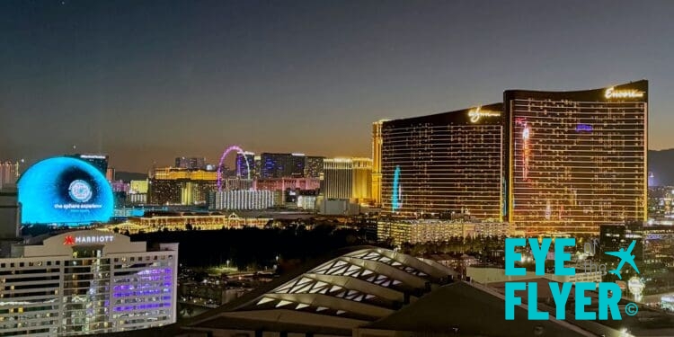 The Las Vegas Sphere, Wynn Las Vegas, and Encore Las Vegas are seen during sunset from the rooftop of the SpringHill Suites by Marriott Las Vegas Convention Center.