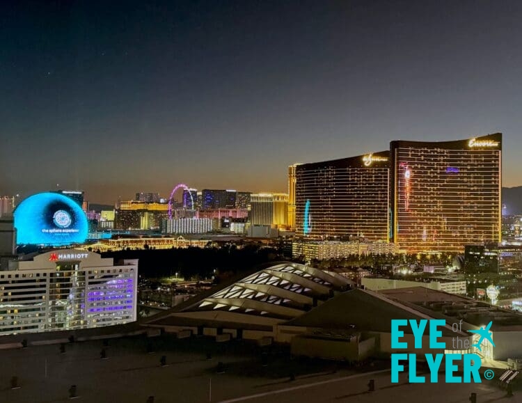 The Las Vegas Sphere, Wynn Las Vegas, and Encore Las Vegas are seen during sunset from the rooftop of the SpringHill Suites by Marriott Las Vegas Convention Center.