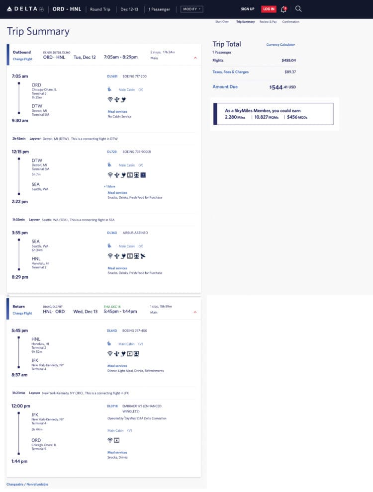 Delta mileage run from O'Hare to Honolulu in December 2023.
