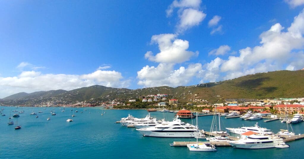 a group of boats in a harbor