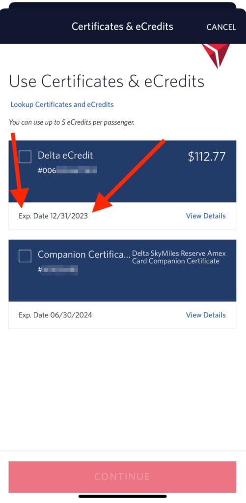 Delta Air Lines eCredit expiring on December 31, 2023.