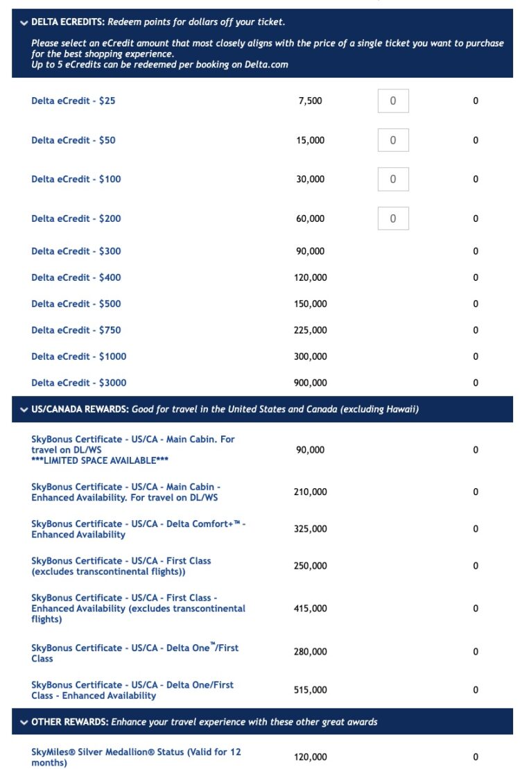 Delta SkyBonus redemptions in July 2023