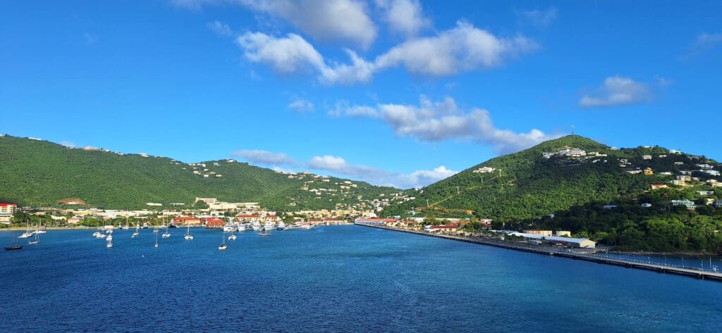 a body of water with buildings and trees in the background