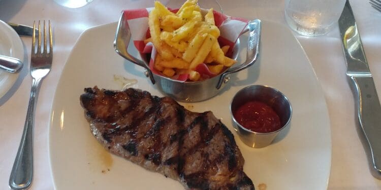 a plate of steak and french fries