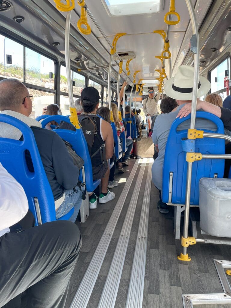 a group of people on a bus