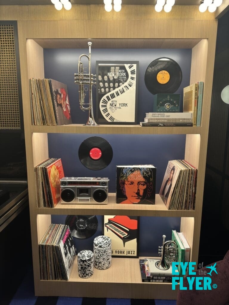 a shelf with music items on it